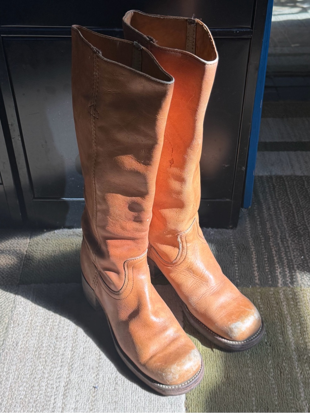 Frye Stovepipe Heeled Campus Boots in Cognac Brown
